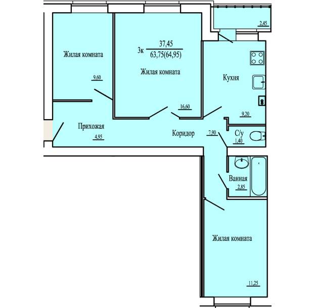 3 трехкомнатная квартира первый этаж 3 подъезд  литера 14.3 Просторный